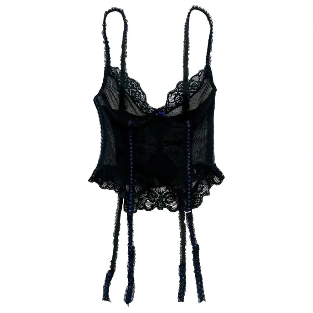 Vintage 90’s Black Lace & Mesh Bustier Corset Tank Top